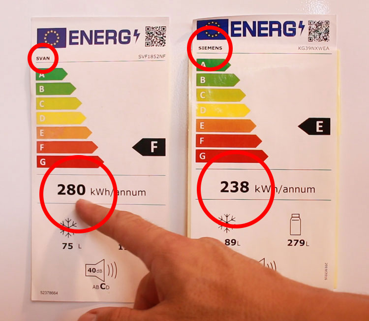 Comparado el consumo de dos frigor&iacute;ficos de diferente clase energ&eacute;tica, fij&aacute;ndonos en sus etiquetas energ&eacute;ticas.